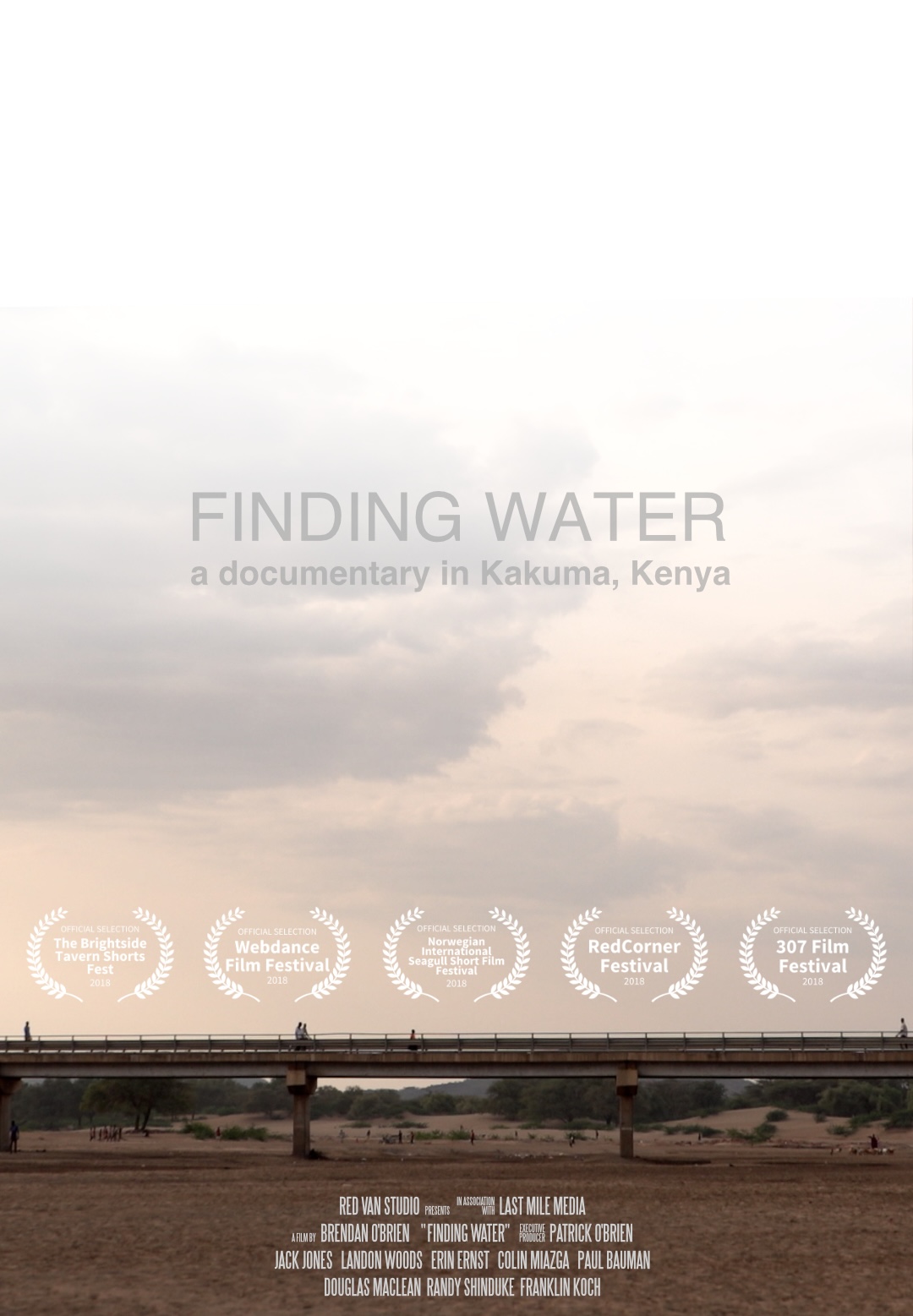 Finding Water poster: a dry riverbed and a low bridge in Kakuma, Kenya.